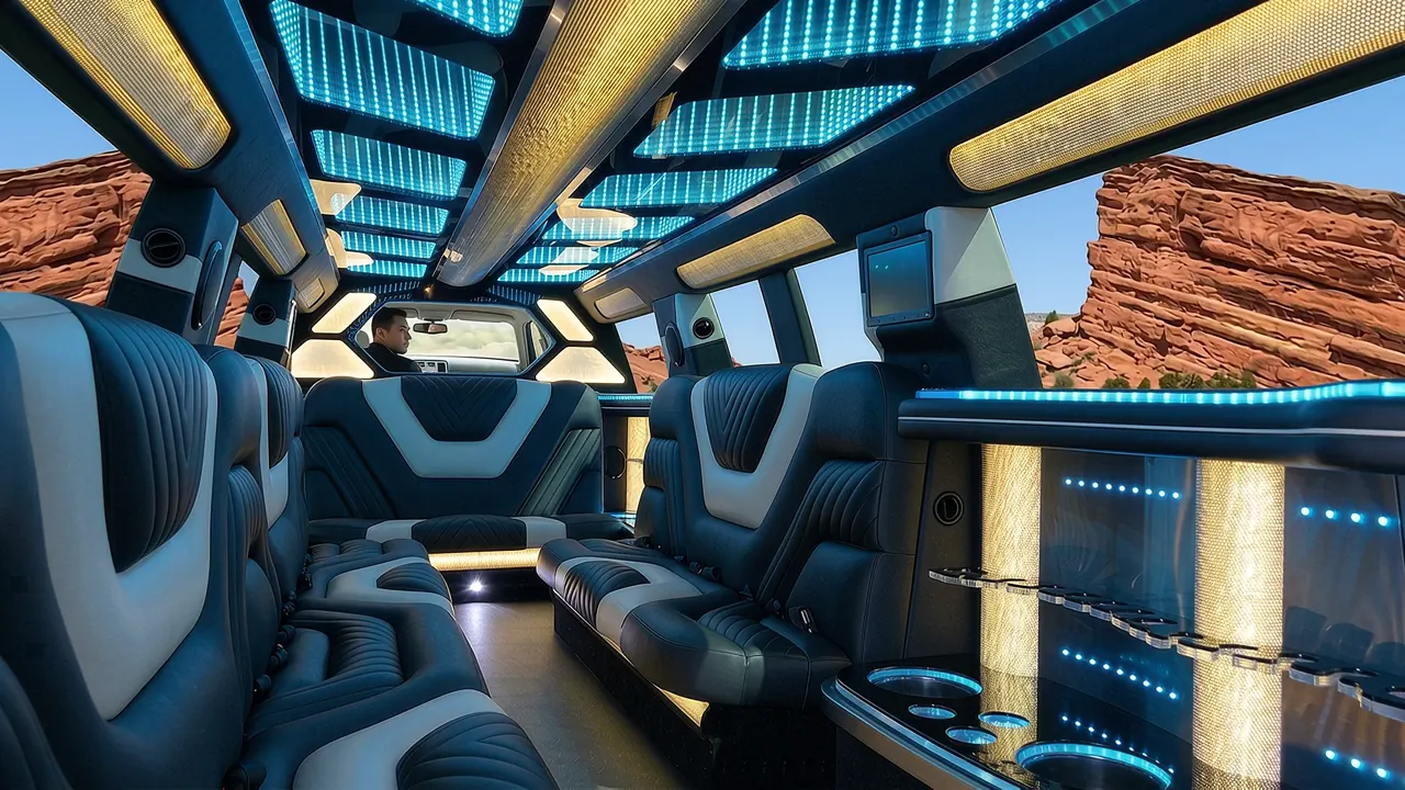 Inside the Mercedes GLS limo in Laramie: LED light-show ceiling, leather lounge seating and lit bar