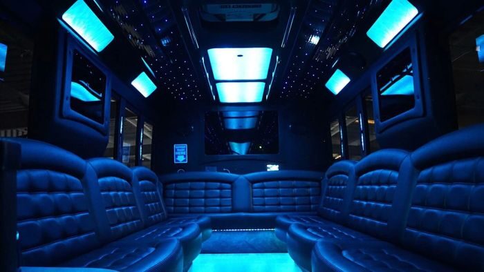 Wraparound seating and blue LED lights – Laramie limo service